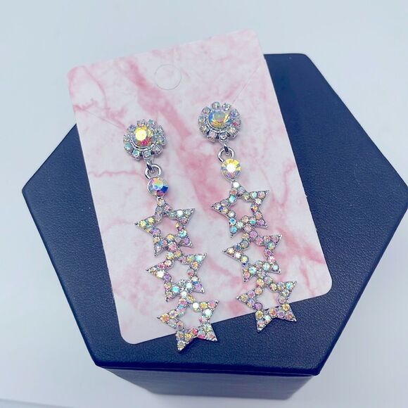 Iridescent Rhinestone Crystal Star Post Drop Earrings - Picture 2 of 7
